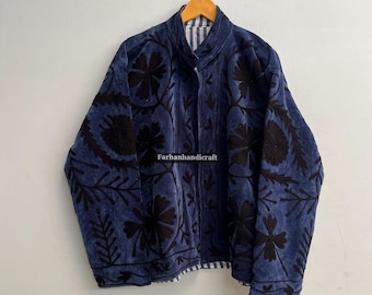 Blue Velvet Suzani Coat, Black Floral Embroidered Jacket, Handmade Indian Quilt