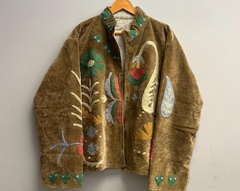 Handmade Velvet Suzani Jacket, Floral Embroidered Boho Coat