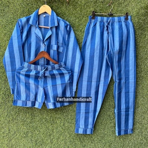 Ensemble de pyjama en coton bleu bohème : vêtements de détente à blocs imprimés