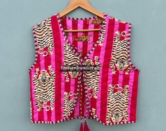 Estampado de tigre, estampado animal, rayas rosas, rayas verticales, acolchado de algodón, chaleco hecho a mano, lazos con borlas