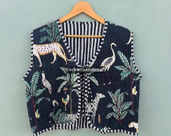 Chaleco de algodón acolchado reversible: chaleco bohemio con estampado de safari en la jungla
