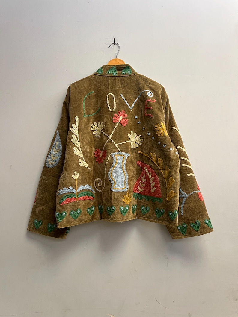 Handmade Velvet Suzani Jacket, Floral Embroidered Boho Coat image 5