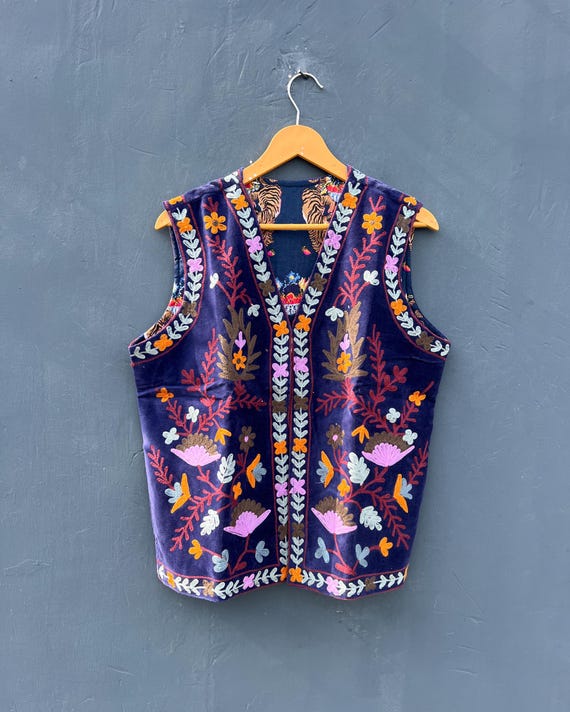 Blue Velvet Suzani Vest: Embroidered Floral Waistcoat, One Size