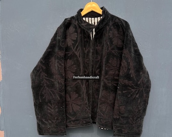 Handmade Black Velvet Suzani Jacket, Bohemian Floral Overcoat