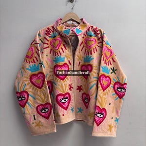 Handmade Velvet Embroidered Jacket | Heart & Evil Eye Design Coat | Boho Colorful Art Jacket | Statement Jacket for Women | Unique Gift