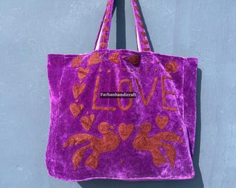 Handmade Purple Velvet Tote Bag – Embroidered LOVE Design, Boho Carryall