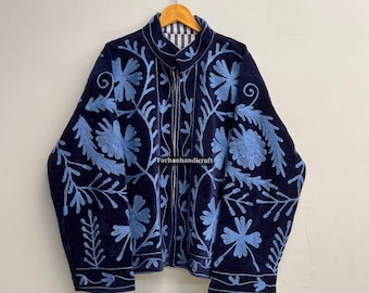 Blue Velvet Suzani Coat, Floral Embroidered Ethnic Jacket, Handmade in India