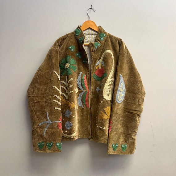 Handmade Velvet Suzani Jacket, Floral Embroidered Boho Coat