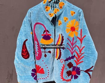 Floral Embroidered Velvet Jacket, Handmade Cotton Lined Suzani Coat