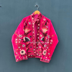 Boho Velvet Suzani Embroidered Jacket: Handmade Indian Cotton