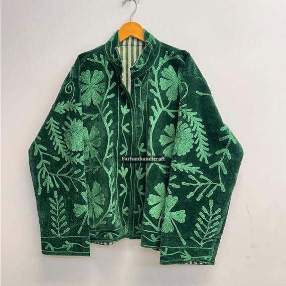 Dark Green Velvet Suzani Luxury Artisan Jacket, Floral Embroidered Blazer Luxury Bohemian Partywear Festive Jacket Luxury Artisan Gift Her
