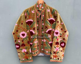 Velvet Suzani Jacket: Uzbek Floral Embroidery, Boho Spring Coat