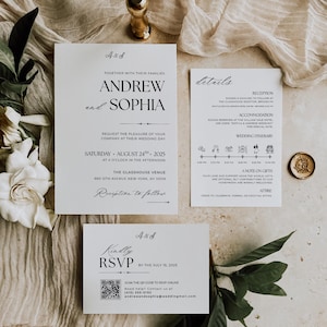 Minimalist Wedding Invitation Template - Modern Black & White Wedding Suite - Editable Canva Invite with RSVP - Details Instant Download