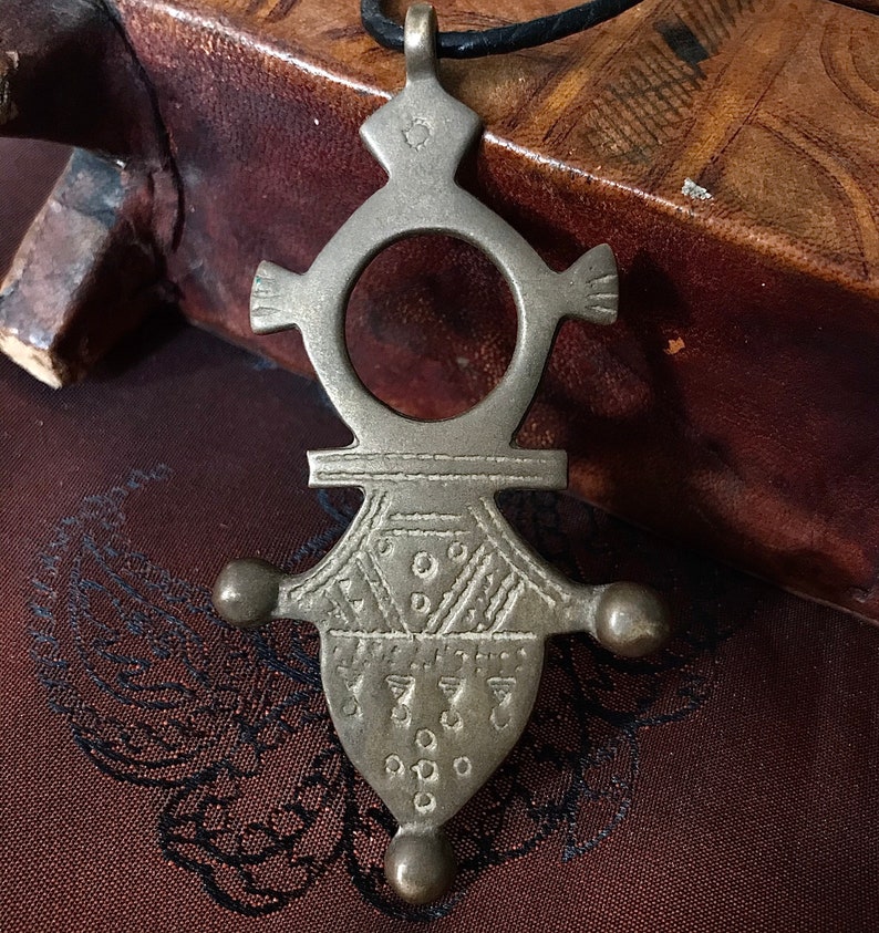 Sahara Desert Tuareg Old Brass Cross with leather Cord necklace