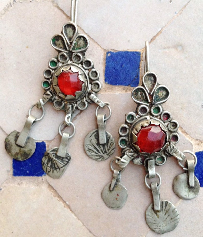 Enamel Berber Earrings with Red Glass from South Morocco Etsy