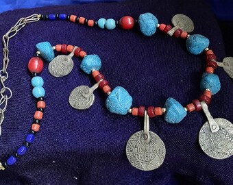 Old Colorful Berber Coins with Clay & Glass Beads Necklace, Berber, Moroccan Sahara