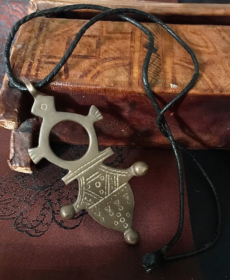 Sahara Desert Tuareg Old Brass Cross with leather Cord necklace