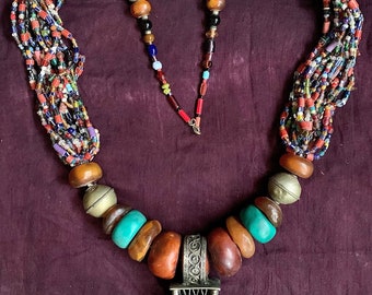 Berber Long Colorful Necklace with Perfume Ring/Headpiece Resin Beads, Glass, Coral, Clay & Metal Beads, Moroccan Sahara, 910 gr
