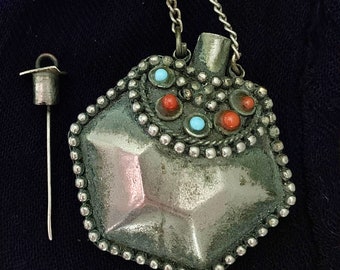 Old SILVER plated Berber Kholcontainer Pendant with Pin. Colorful Glass Beads & Original long old Silver Necklace