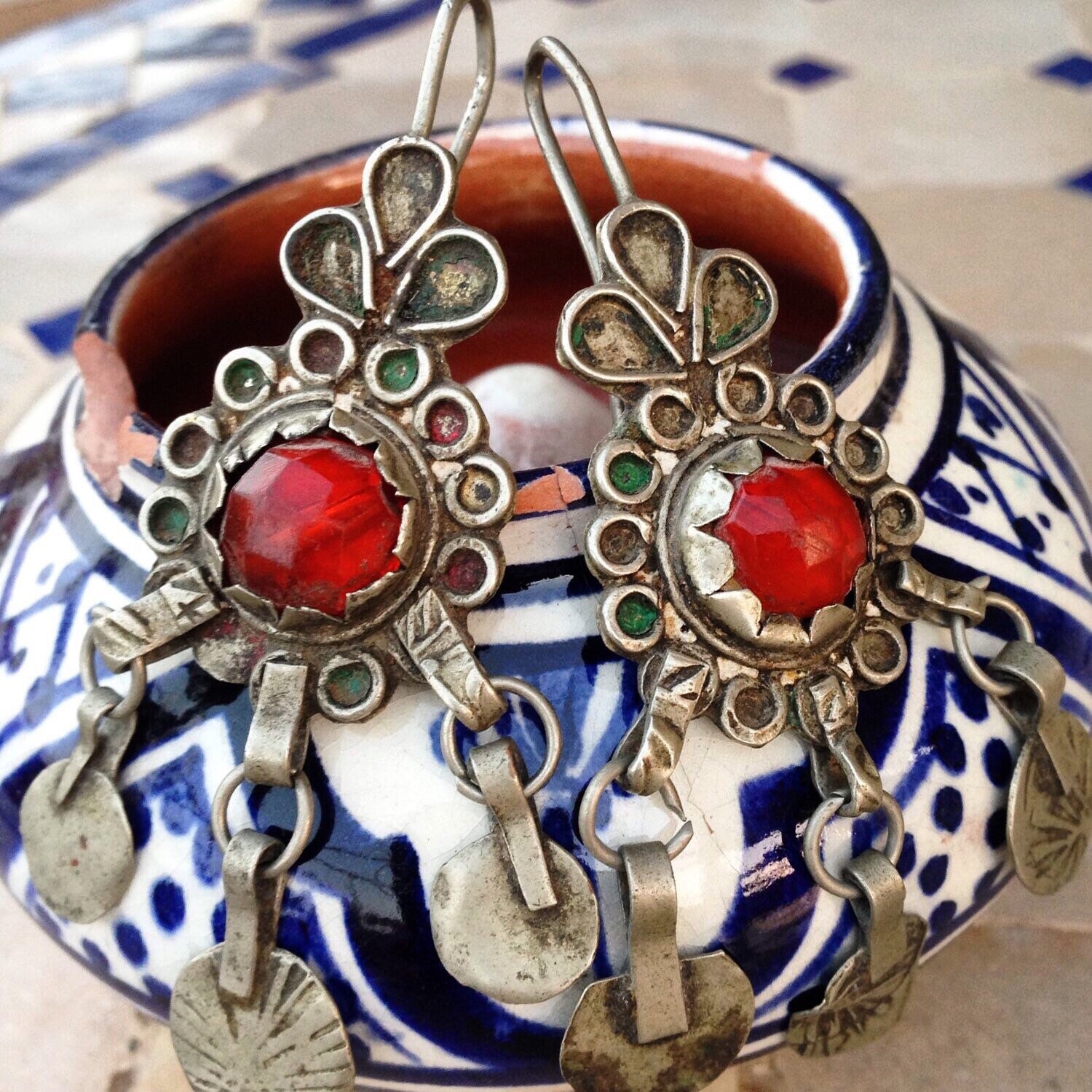 Enamel Berber Earrings with Red Glass from South Morocco Etsy
