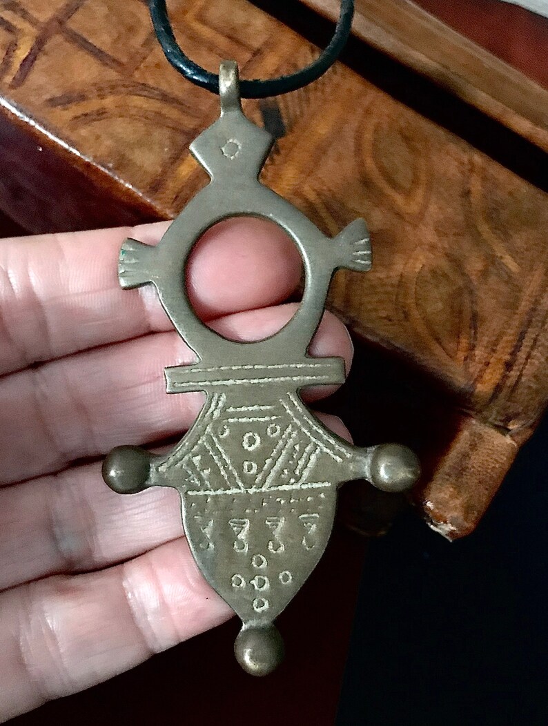 Sahara Desert Tuareg Old Brass Cross with leather Cord necklace