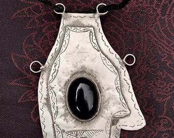 Old Large Hamza Hand of Fatima Amulet with Onyx and Traditional Tuareg Leather Necklace, Weight 37 gr & L 11 cm