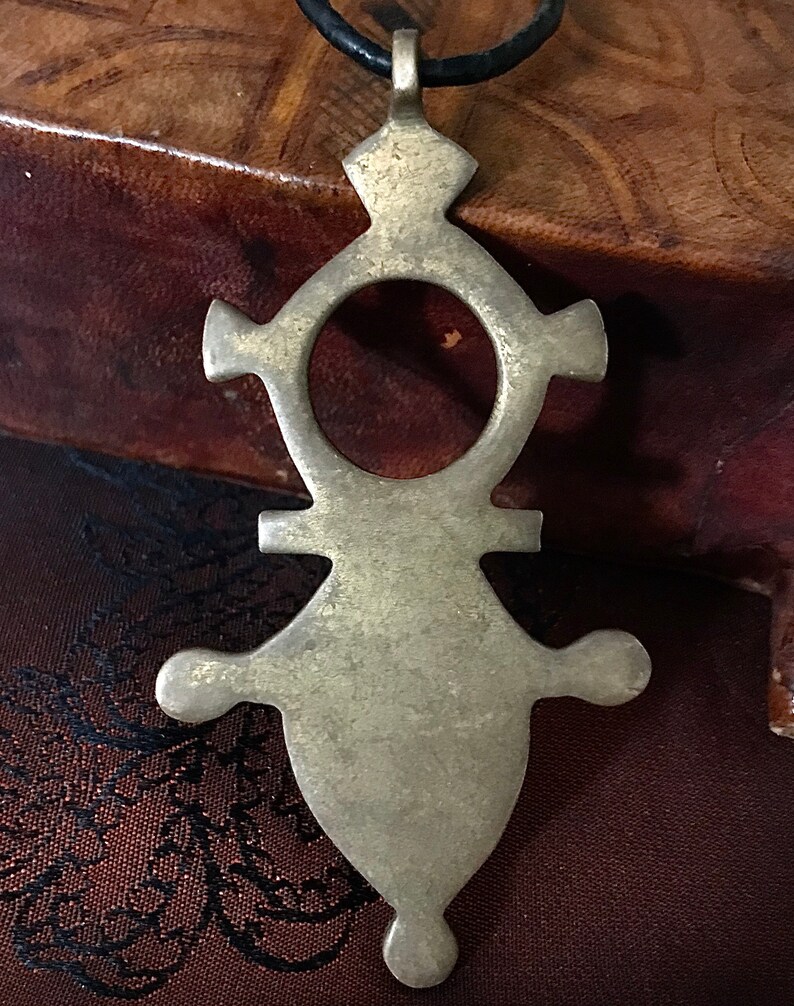 Sahara Desert Tuareg Old Brass Cross with leather Cord necklace