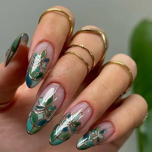 Handmade Green Floral Stained Glass Garden Nature Art Elegant Press on Nails - Unique, Customizable, Reusable, Trendy, Summer Nail Art