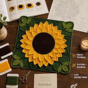 Puede incluir: Un motivo de girasol cuadrado tejido a ganchillo con un centro marrón oscuro rodeado de pétalos amarillos en capas sobre un fondo verde oscuro con hojas. La pieza se muestra junto a un libro de patrones, carretes de hilo y tijeras.