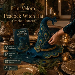 May include: A teal crochet witch hat featuring a gold band and intricate peacock feather embroidery in blue, green, and gold. Beside it sits a book titled Peacock Witch Hat Crochet Pattern, which includes text for digital download and printable PDF.