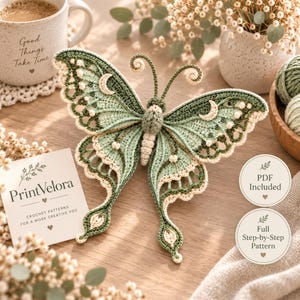 Puede incluir: Una mariposa de ganchillo en tonos verde salvia y crema, con intrincados patrones en las alas y motivos de media luna. La mariposa tiene un cuerpo texturizado y antenas curvadas. Una tarjeta muestra el texto PrintVelora, PDF Included y Full Step-by-Step Pattern.