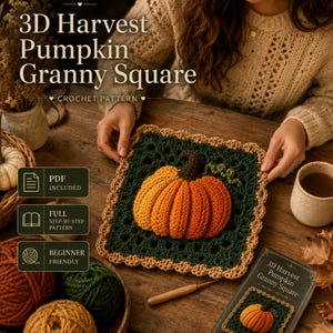 Op de afbeelding: Een haakpatroon voor een 3D Harvest Pumpkin Granny Square met een donkergroene vierkante basis, een textuurrijke oranje pompoen in het midden, een bruine steel en een beige geschulpte rand. Het ontwerp bevat de tekst: 3D Harvest Pumpkin Granny Square.