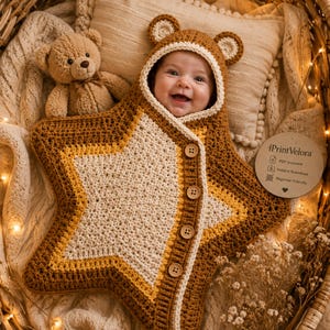 May include: A star-shaped crochet baby swaddle in shades of brown, yellow, and cream, featuring a hood with bear ears and four wooden buttons. A small teddy bear sits nearby, and a circular tag displays the text PrintVelora with icons.