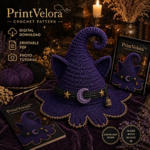 May include: A purple crochet witch hat with cat ears, a black band, a crescent moon, and gold stars. The hat features a curled tip and a scalloped edge with gold trim. The image includes text for PrintVelora crochet pattern and digital download.