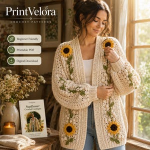 Op de afbeelding: Een crèmekleurig gehaakt vest met lange mouwen en een verticaal patroon van groene ranken met gele en bruine zonnebloemmotieven. Het kledingstuk wordt gepresenteerd naast een digitaal patroonboekje getiteld Sunflower Crochet Cardigan.
