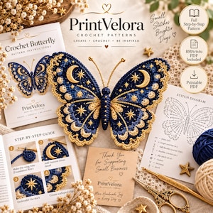 May include: A crochet butterfly pattern kit featuring a dark blue and gold butterfly with moon and star motifs. Includes printed instruction booklets, a stitch diagram, a thank you card, gold scissors, and yarn balls for creating the butterfly.