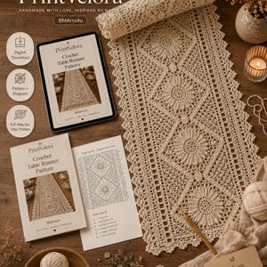 May include: A cream-coloured crochet table runner featuring a repeating floral diamond pattern with scalloped edges, accompanied by a digital tablet and printed paper documents displaying the crochet table runner pattern and diagrams.