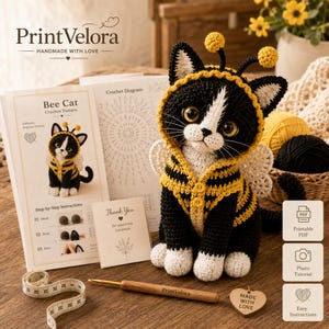 May include: A black and white crocheted cat wearing a yellow and black striped bee costume with antennae and wings. The set includes a printed Bee Cat crochet pattern, a thank you card, a wooden crochet hook, and a measuring tape on a table.