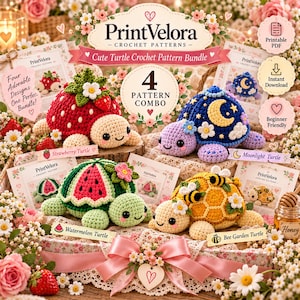 May include: A PrintVelora crochet pattern bundle featuring four turtle designs: a red strawberry turtle, a blue moonlight turtle with a moon and stars, a green watermelon turtle, and a yellow bee garden turtle with small bees and flowers.