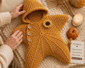 May include: A mustard yellow crocheted star-shaped baby bunting with a pointed hood, three wooden buttons on the side, and a small sunflower applique. A white card with the text PrintVelora, Beginner Friendly, Instant Download, Photo Tutorial is visible.