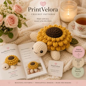 May include: A crochet sunflower turtle toy with a cream-colored head and limbs, a dark brown center, and yellow petals. Beside it lies an open instruction booklet titled Sunflower Turtle, a small square card, and three circular digital download icons.