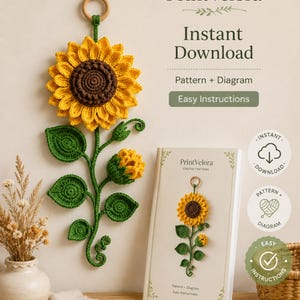 Virkmönster för botanisk solroshängare i PDF-format, väggdekor i trä, blomstjälkdekor, blomkonst i Cottagecore, digital nedladdning