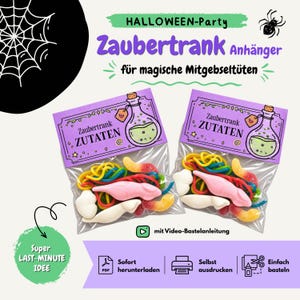 Könnte beinhalten: Zwei durchsichtige Plastiktüten gefüllt mit bunten Weingummis, darunter rosa Mäuse und mehrfarbige Würmer. Jede Tüte ist mit einem lila Papieraufhänger versiegelt, der eine Zaubertrankflasche und den Text Zaubertrank ZUTATEN zeigt.