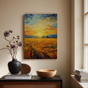 Golden Wheat Field Sunset Impasto Canvas Print | Textured Wall Art for Farmhouse Decor | Vibrant Nature Landscape | Serene Home Decor Gift