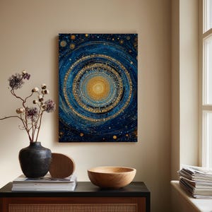 Golden Vortex Galaxy Canvas Print: Cosmic Harmony Abstract Pointillism Art