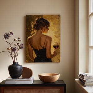 Elegant Woman with Wine Painting | Sophisticated Canvas Print | Luxury Home Decor | Golden Light Art | Glamorous Wall Art for Dining & Bar