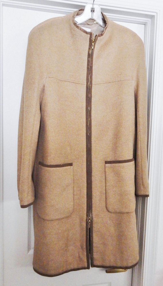 Vintage Escada Wool Silk Coat Zipper Suede Trim Si