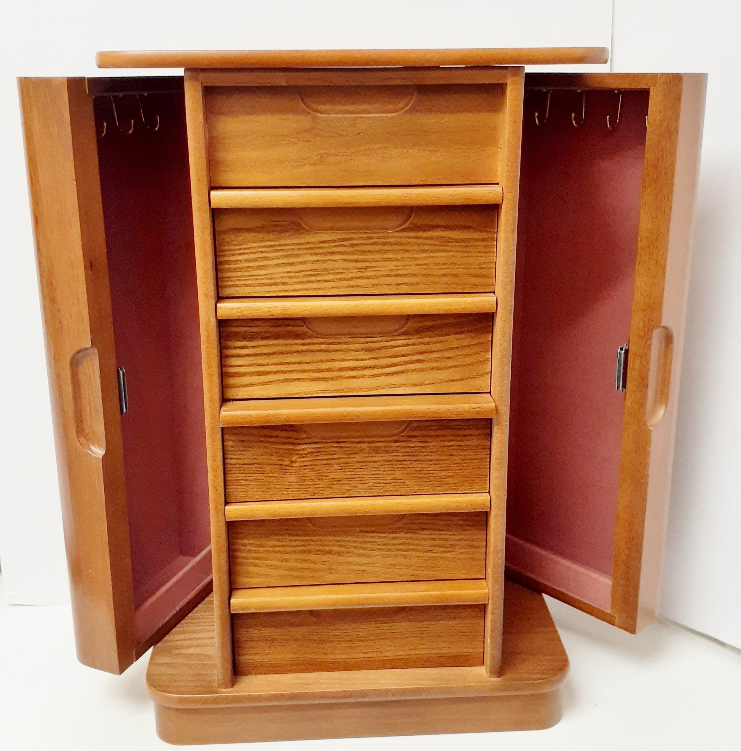 Vintage Tall Solid Wood Jewelry Chest Box W 5 Drawers 2 Doors Mirror 18