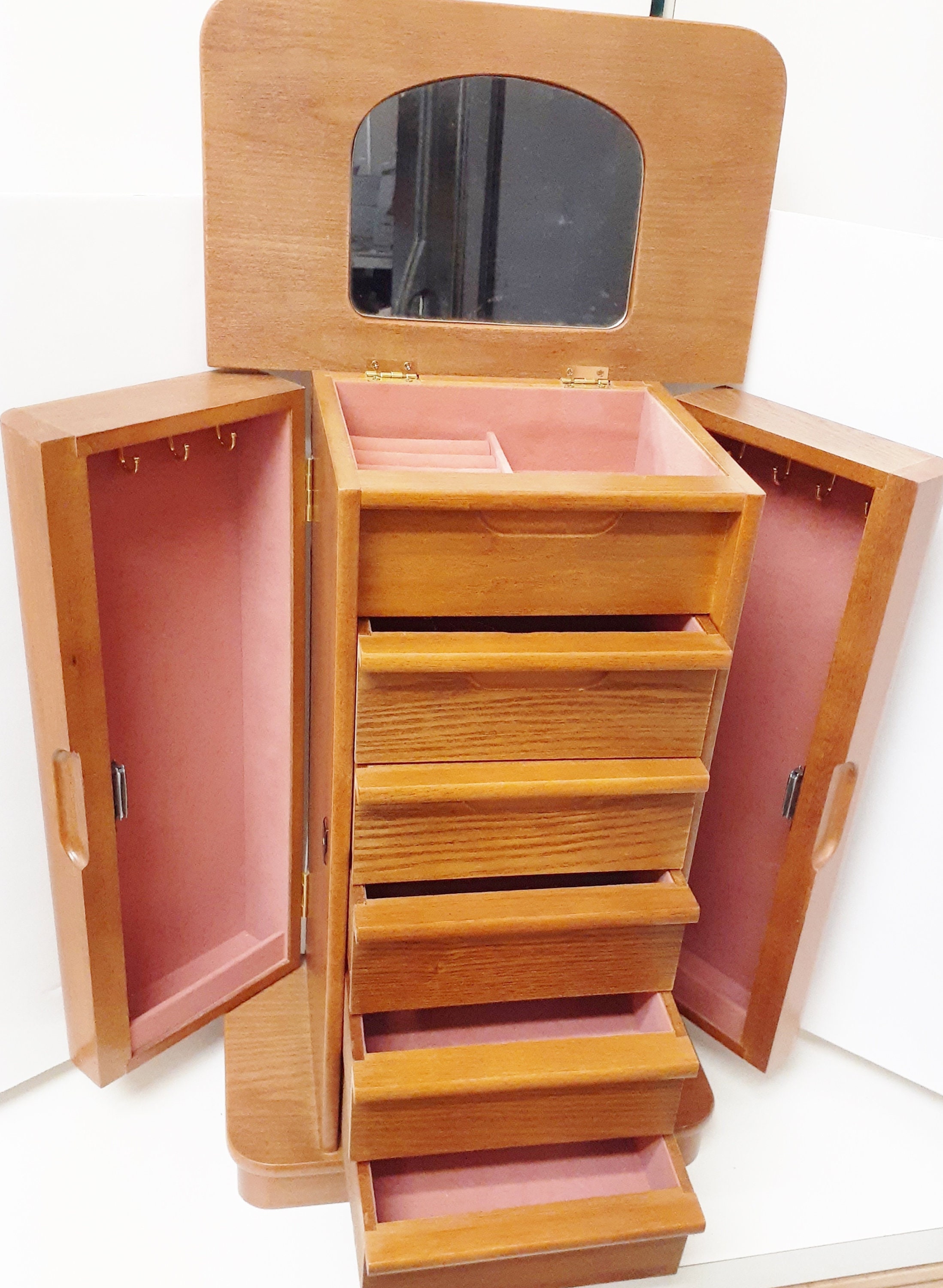 Vintage Tall Solid Wood Jewelry Chest Box W 5 Drawers 2 Doors Mirror 18
