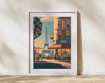 Paris Café Poster – Vintage Travel Art Print, Eiffel Tower Illustration, Romantic French Wall Decor, Mid-Century Style